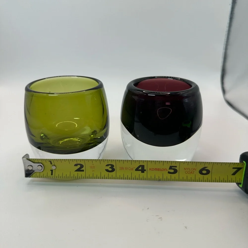 Set of Two Glass Candle Holders - Green and Dark Red